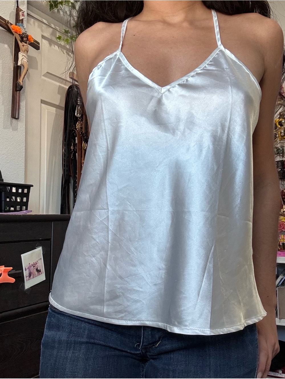 Satin V-Neck Spaghetti Strap Cami Top - White